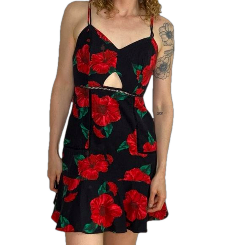 Farm Rio Sz XS Linen Blend Black Floral Tropical Mini Dress